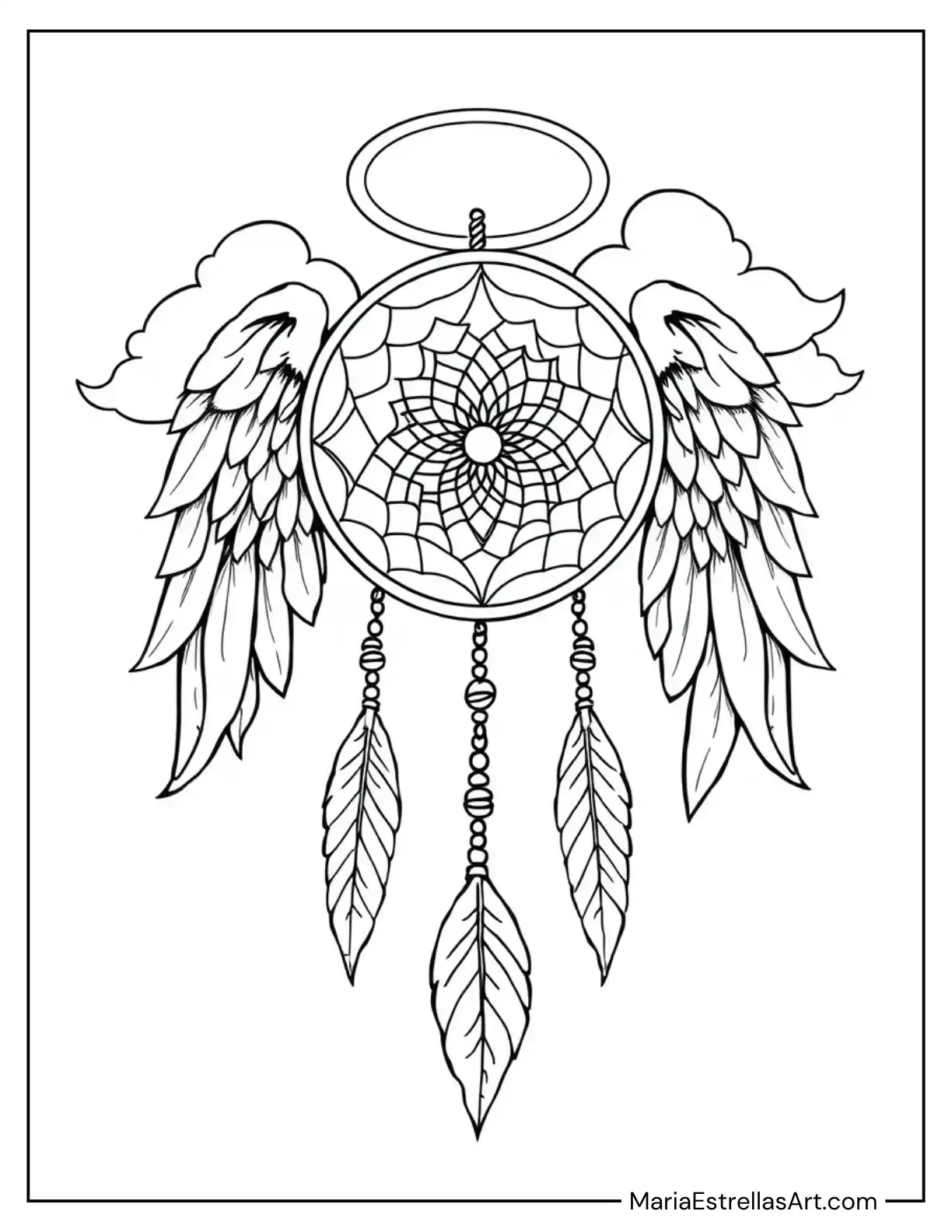 Angel Wing Dreamcatcher with Halo and Clouds to Color for Kids