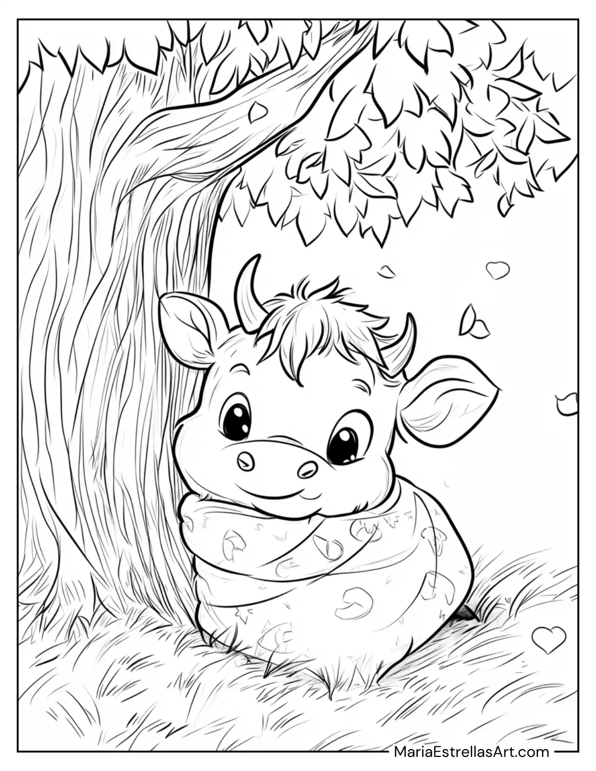 Baby Cow in a Cozy Blanket Under a Tree Coloring Sheet