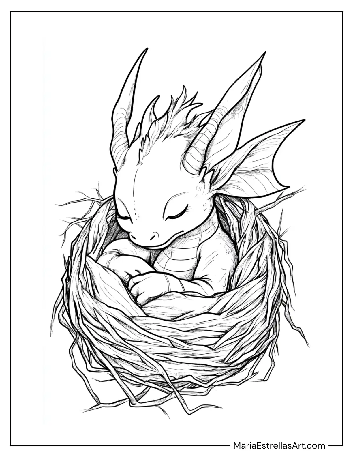 Baby Dragon Sleeping in a Nest to Color for Kids