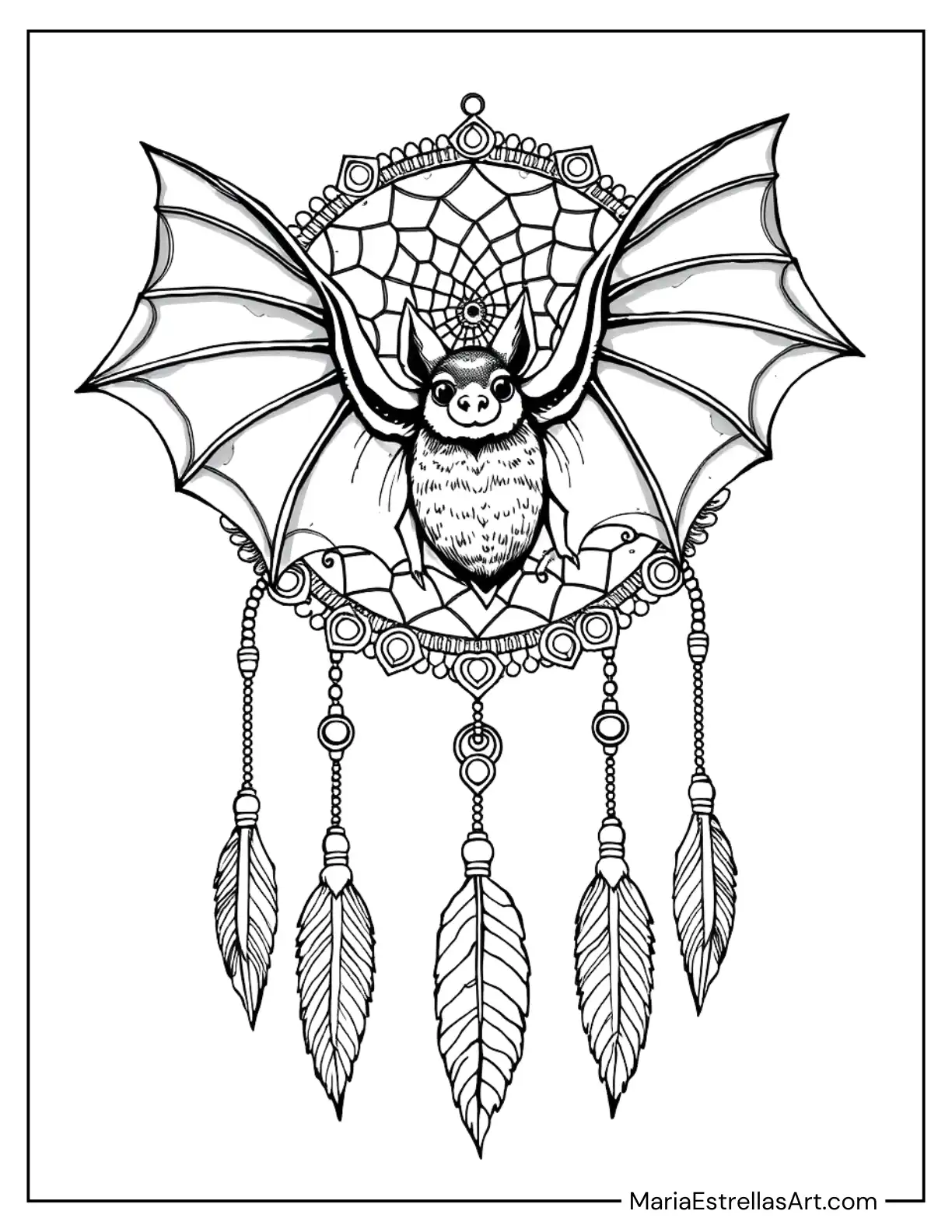 Bat Dreamcatcher with Wings Spread Over the Web Coloring Page