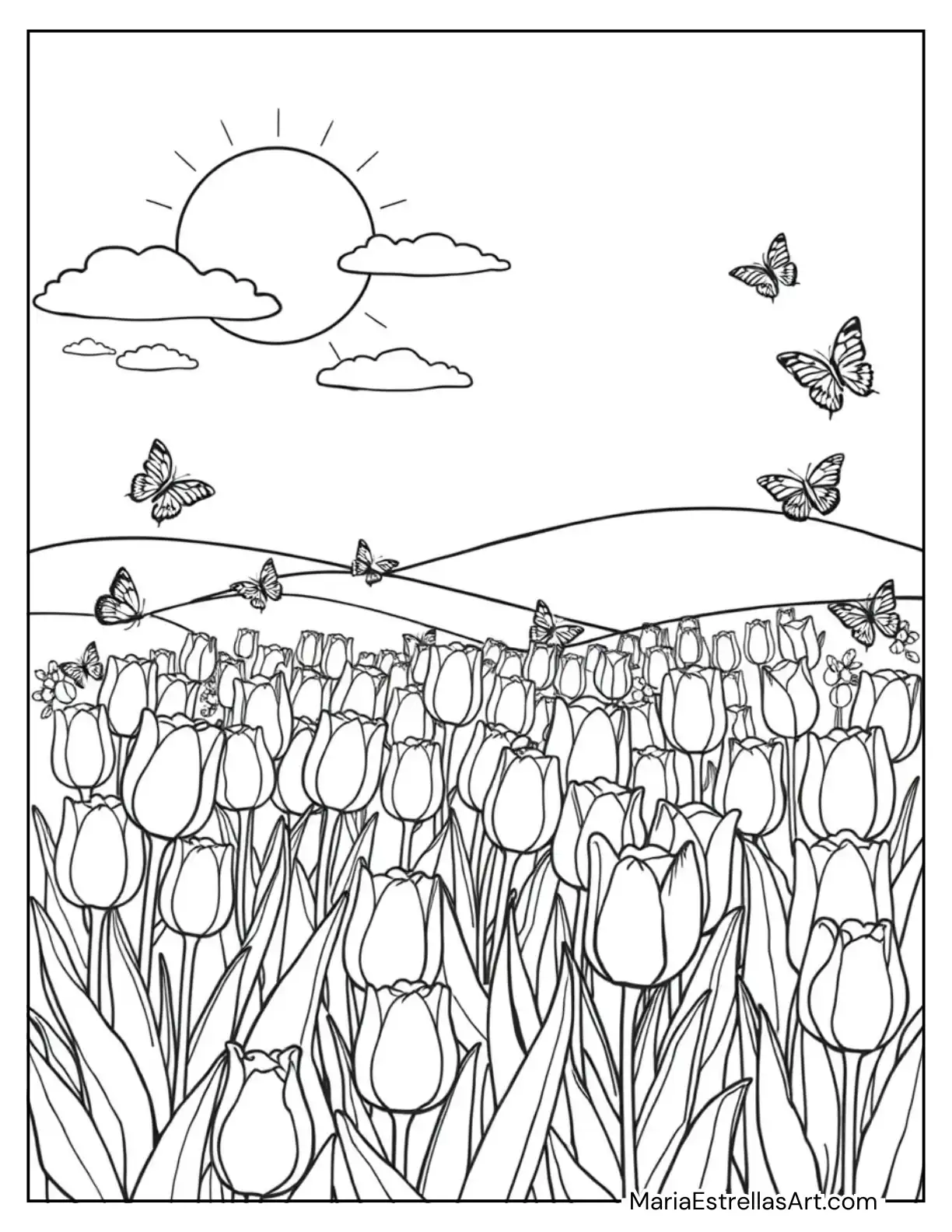 Beautiful Tulips in a Sunny Field Coloring Page