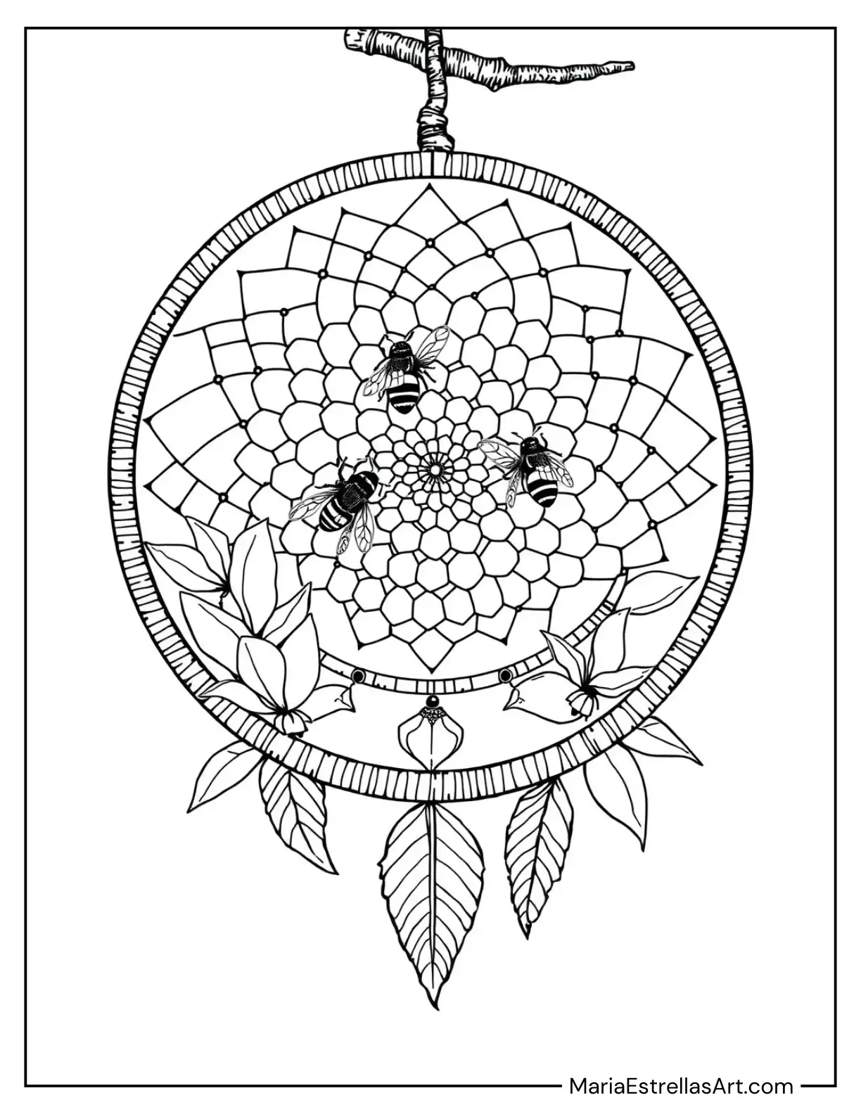 Bee Dreamcatcher with Honeycomb Patterns and Bees Coloring Sheet