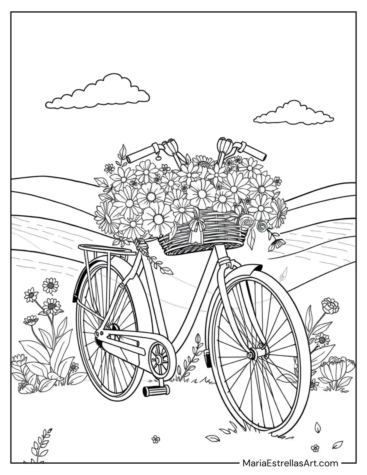 Bicycle Basket Surrounded by Blooming Flowers Coloring Page