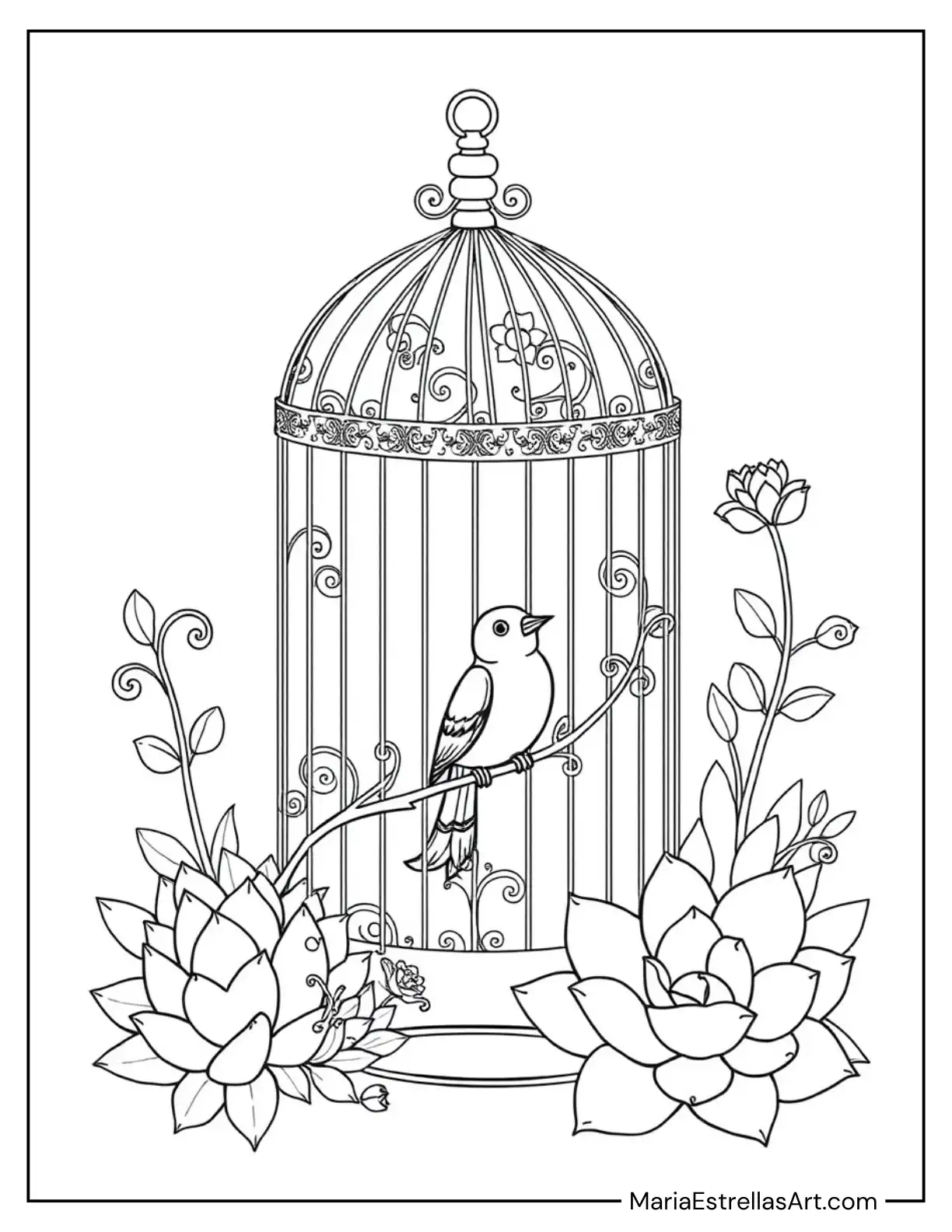 Bird’s Cage Surrounded by Succulent Plants and a Bird Resting on a Twig Coloring Page