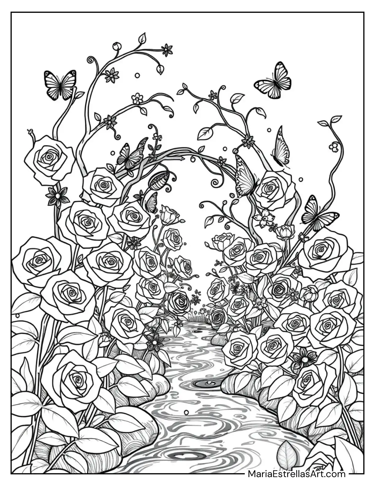 Blooming Roses in a Magical Garden Coloring Page