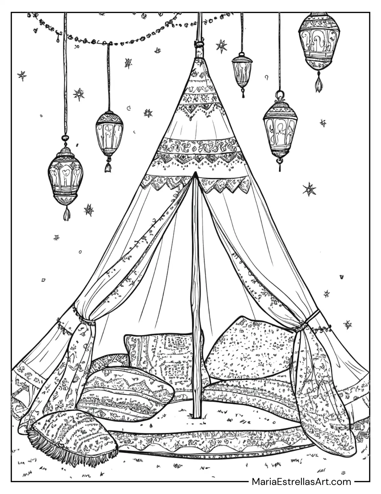 Bohemian Tent Decorated With Lanterns and Pillows Coloring Page