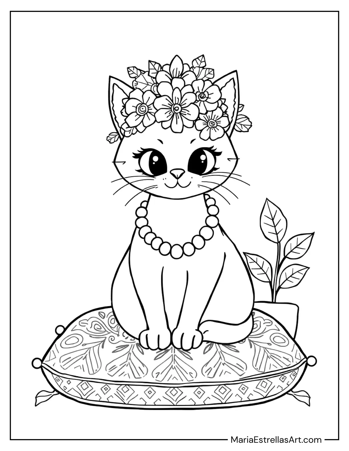 Boho Cat Wearing a Floral Crown and Beaded Necklace Coloring Sheet