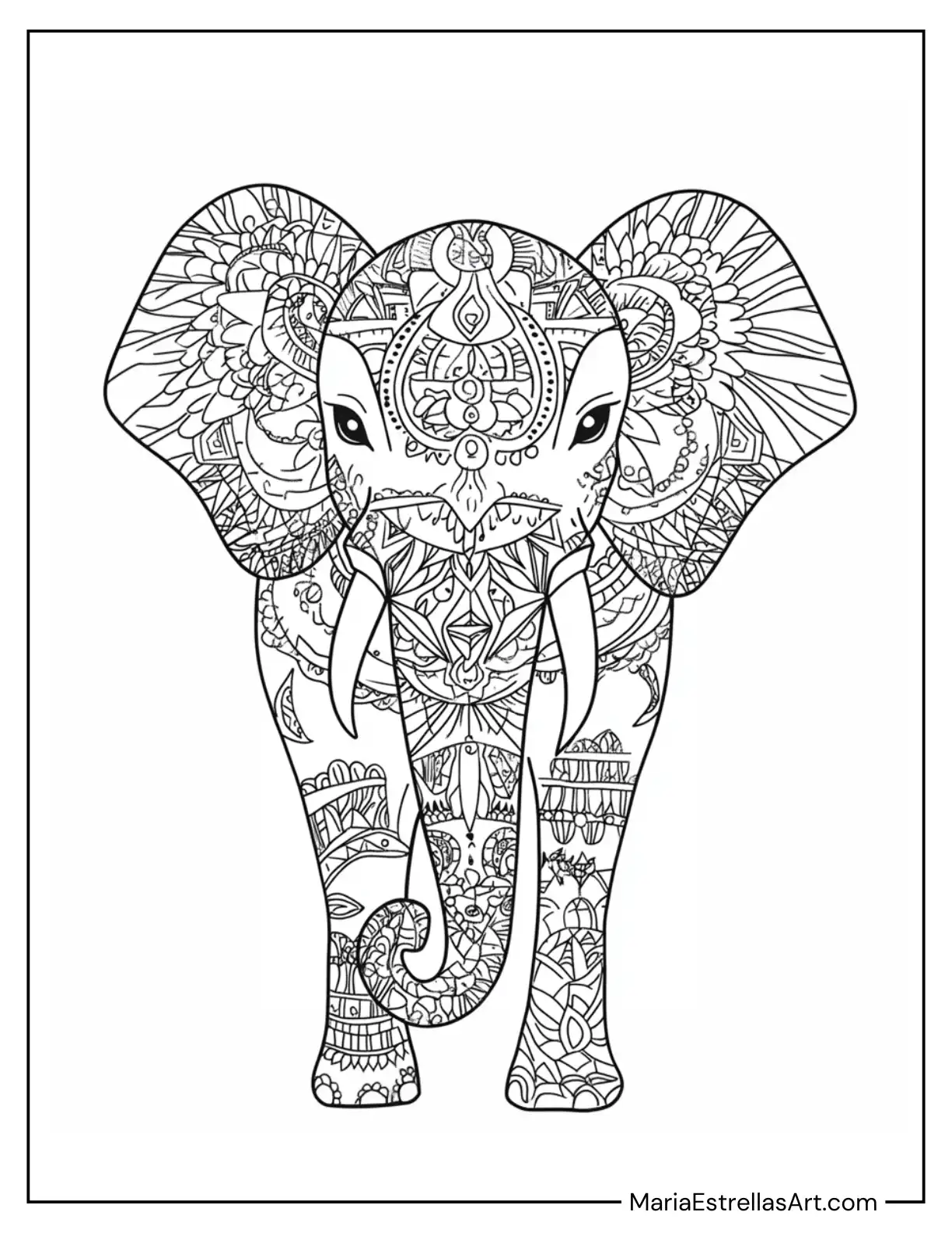 Boho Elephant With Mandala and Tribal Designs Coloring Page