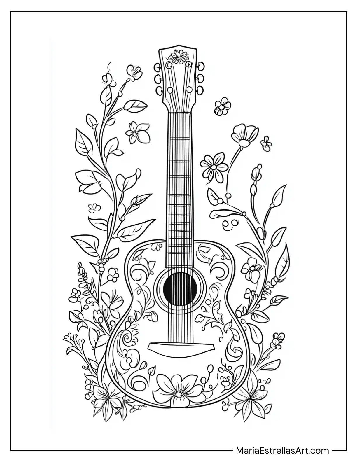 Boho Guitar Decorated With Flowers and Vines to Color for Kids