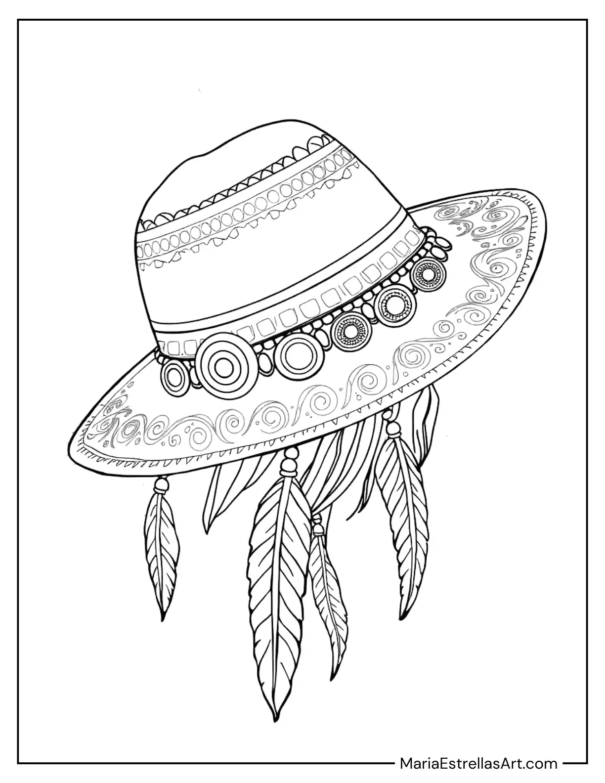 Boho Hat with Beaded and Feathered Bands to Color for Kids