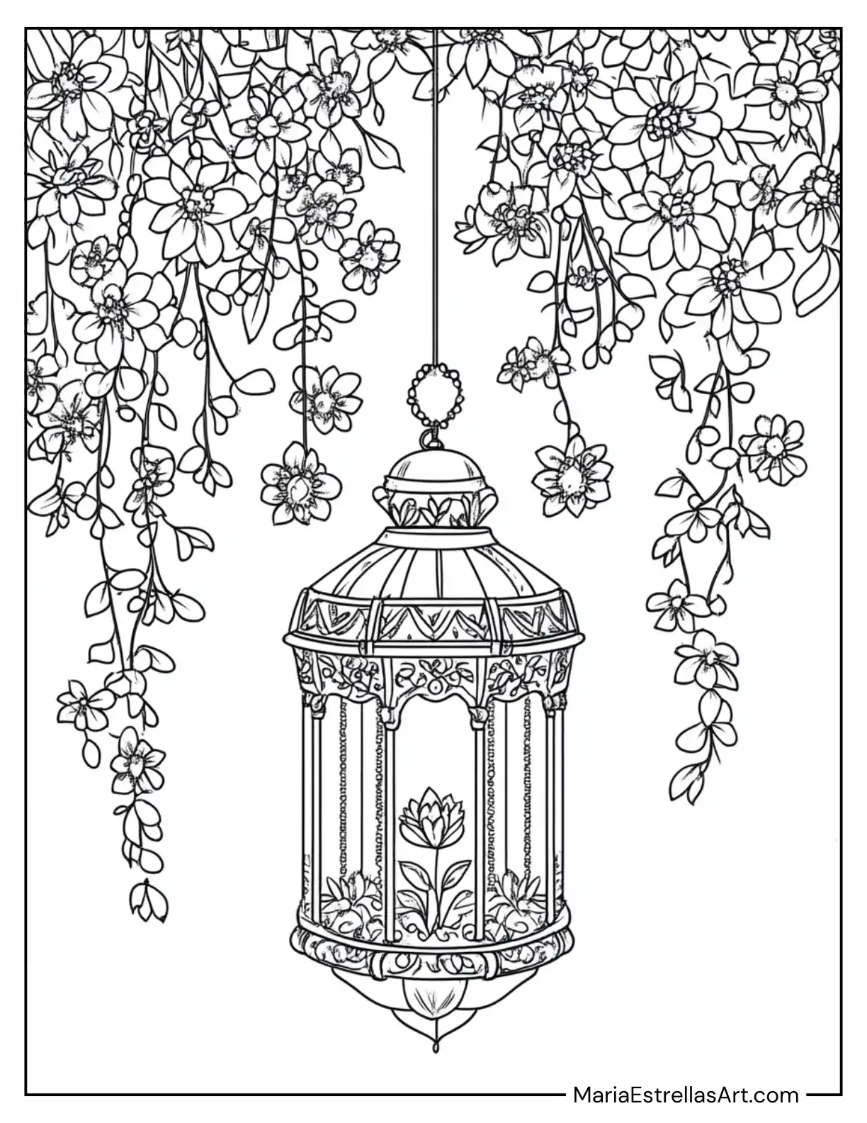 Boho Lantern Surrounded by Hanging Wildflowers Coloring Page