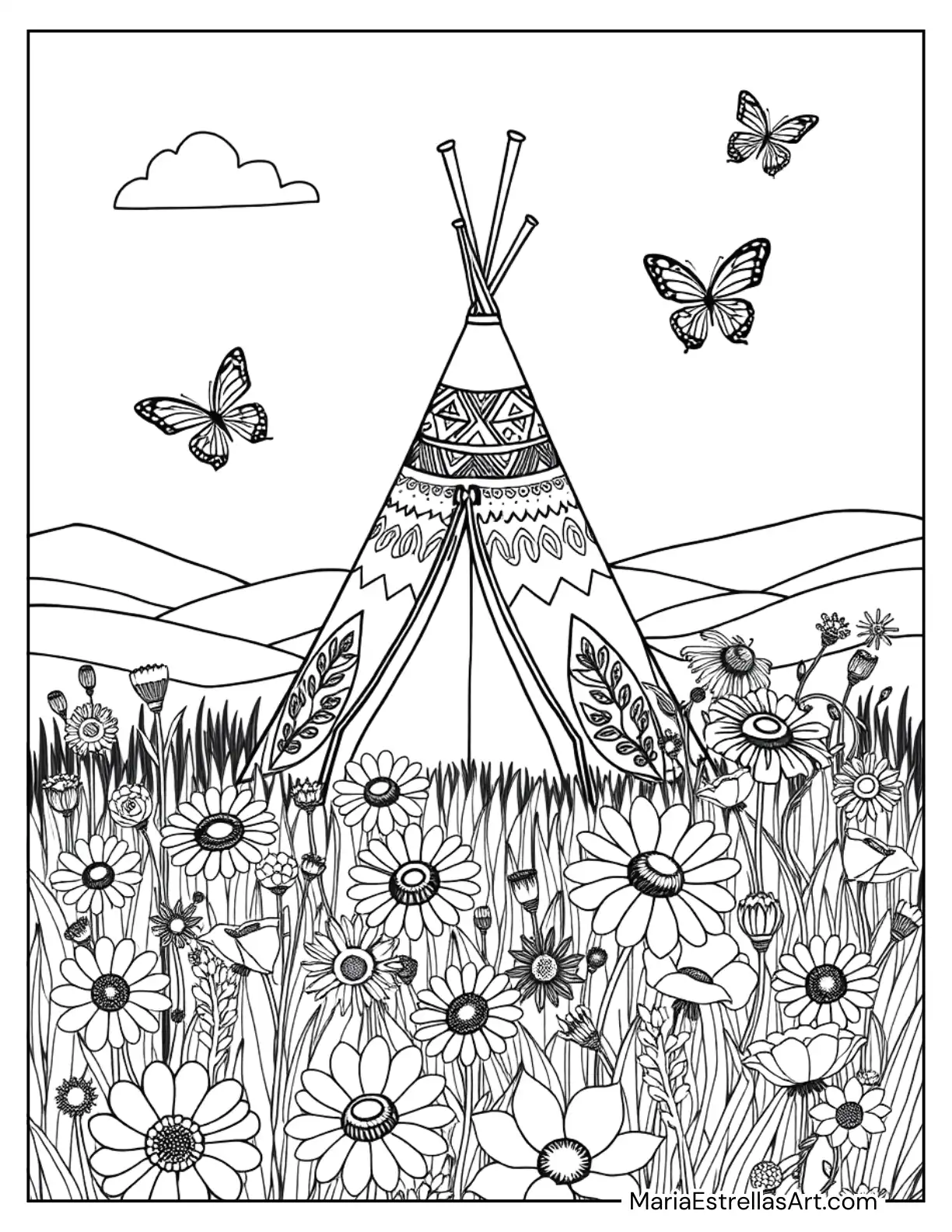 Boho-Style Teepee Surrounded by Wildflowers Coloring Sheet