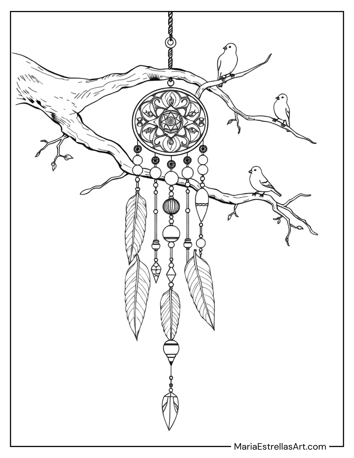 Boho Wind Chime with Feathers, Crystals, and Beads to Color for Kids