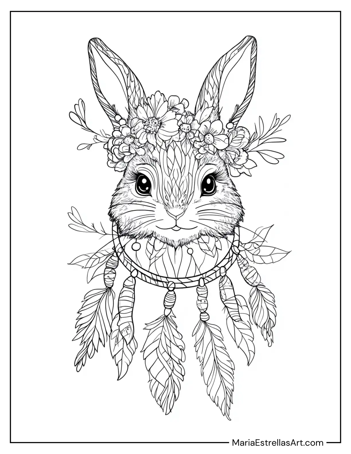 Bunny Dreamcatcher With Floral Crowns to Color for Kids