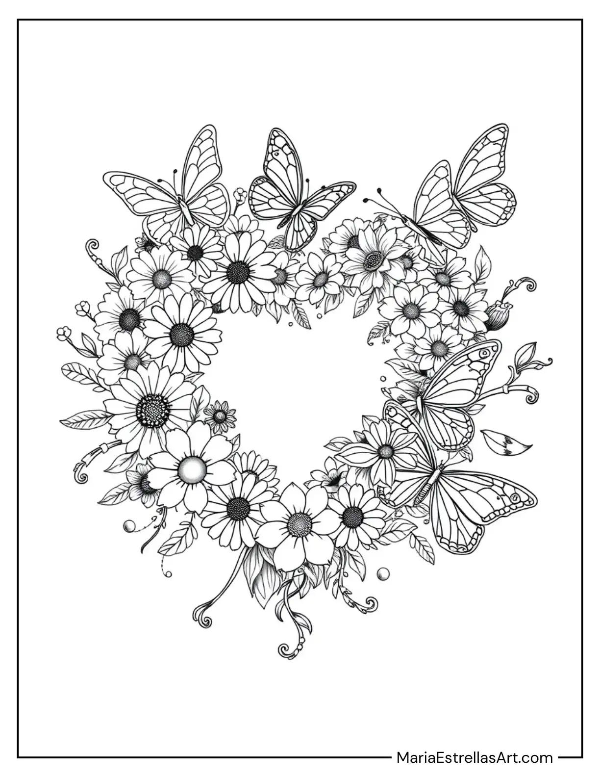 Butterflies Around a Heart-Shaped Wreath of Flowers Coloring Page