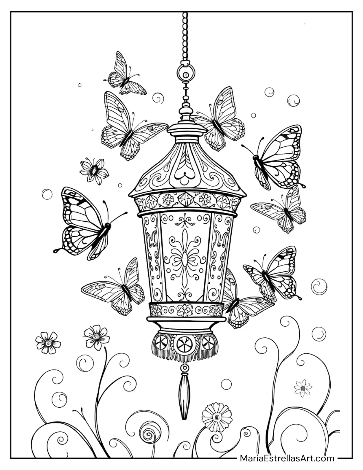 Butterflies Encircling a Candlelit Lantern Coloring Page