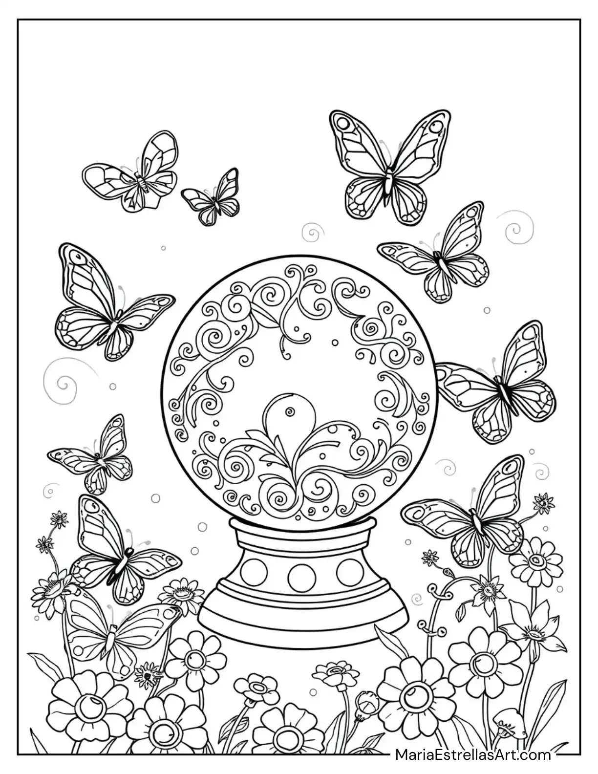 Butterflies Encircling a Magical Crystal Ball Coloring Sheet