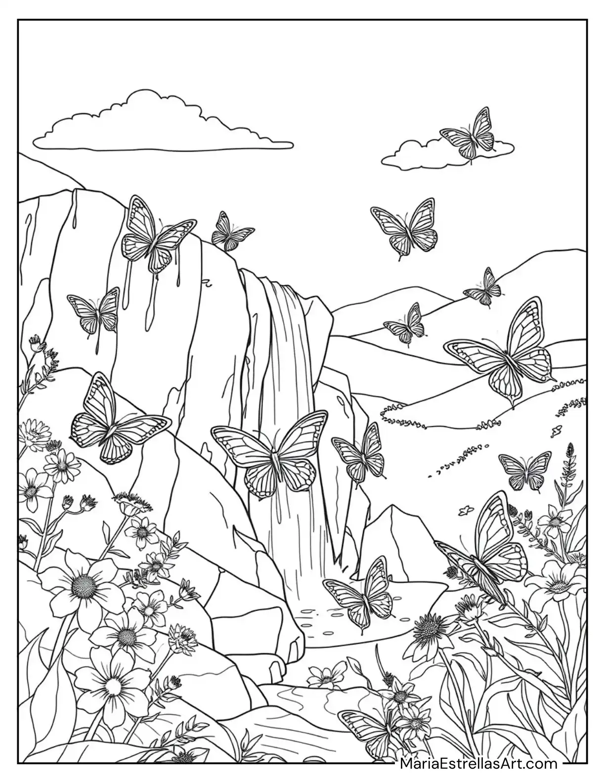 Butterflies Fluttering Around a Waterfall Coloring Page