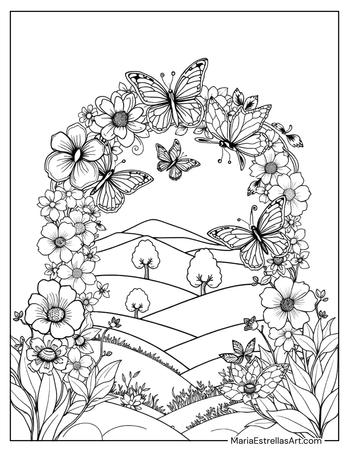 Butterflies Fluttering Through an Archway of Flowers Coloring Sheet