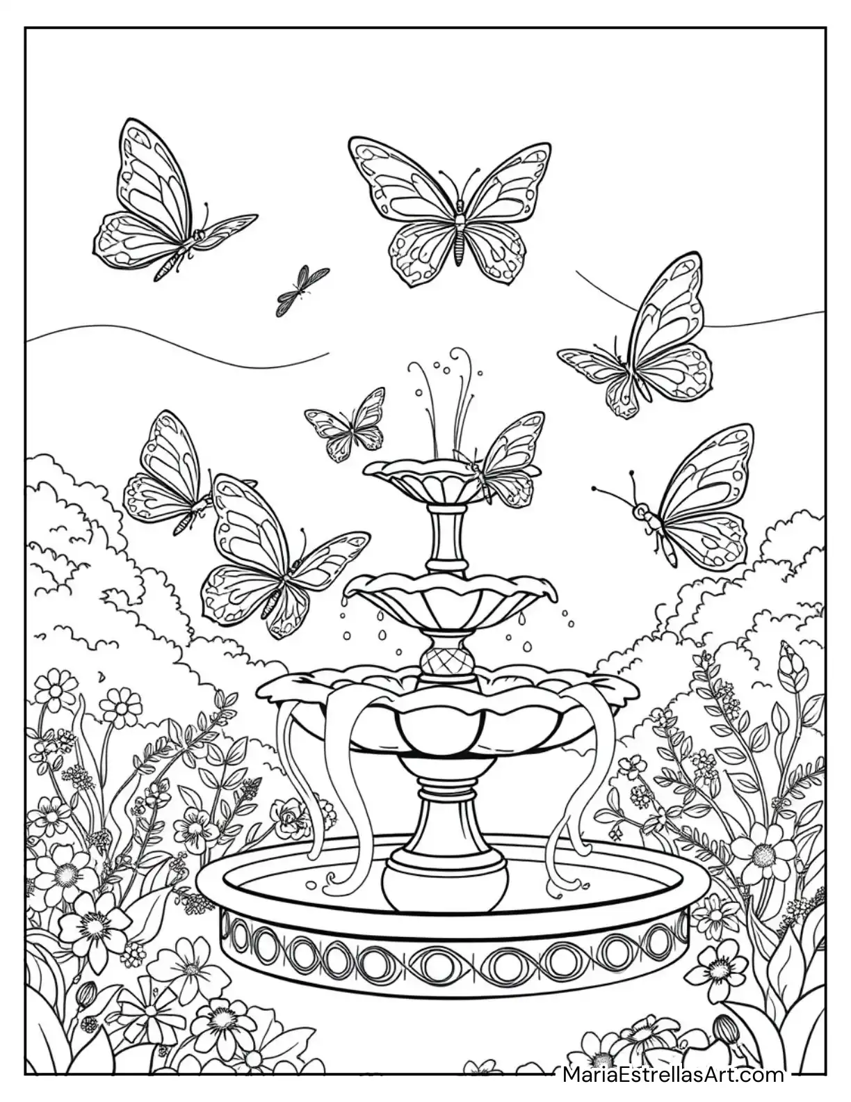 Butterflies Flying Around a Shimmering Fountain to Color for Kids