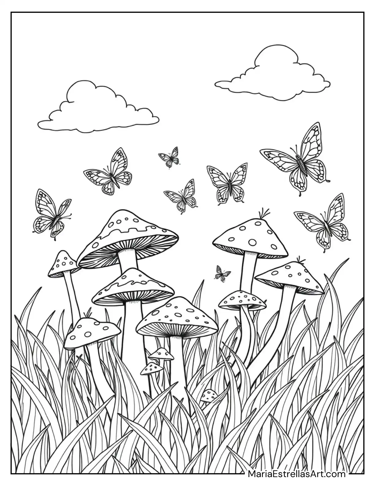 Butterflies Hovering Around a Fairy Ring of Mushrooms Coloring Page