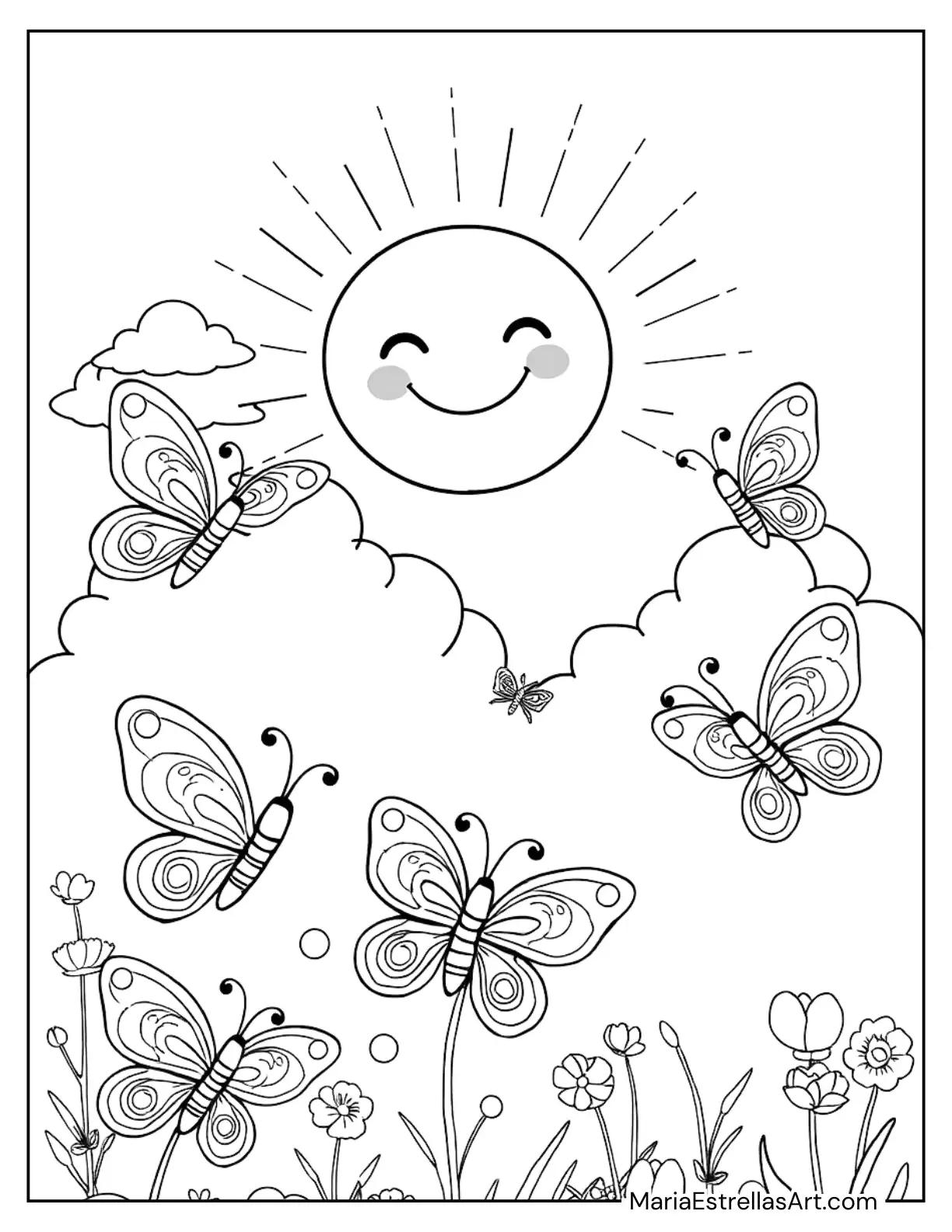 Butterflies and Clouds in a Sunny Sky Coloring Page