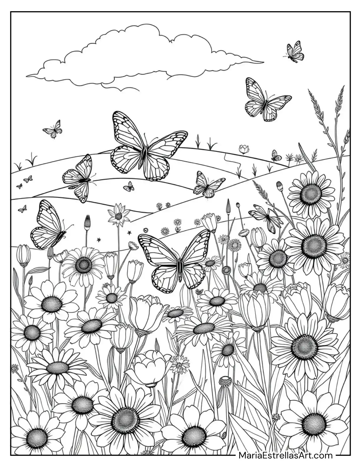 Butterflies and Flowers in a Spring Meadow Coloring Sheet