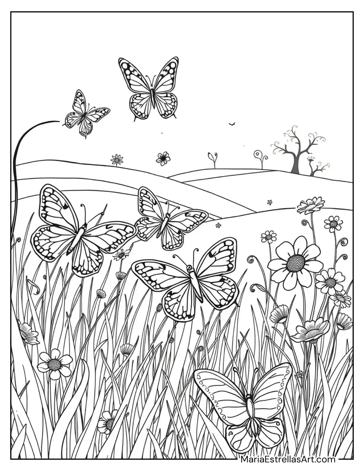 Butterflies in a Magical Meadow Coloring Sheet