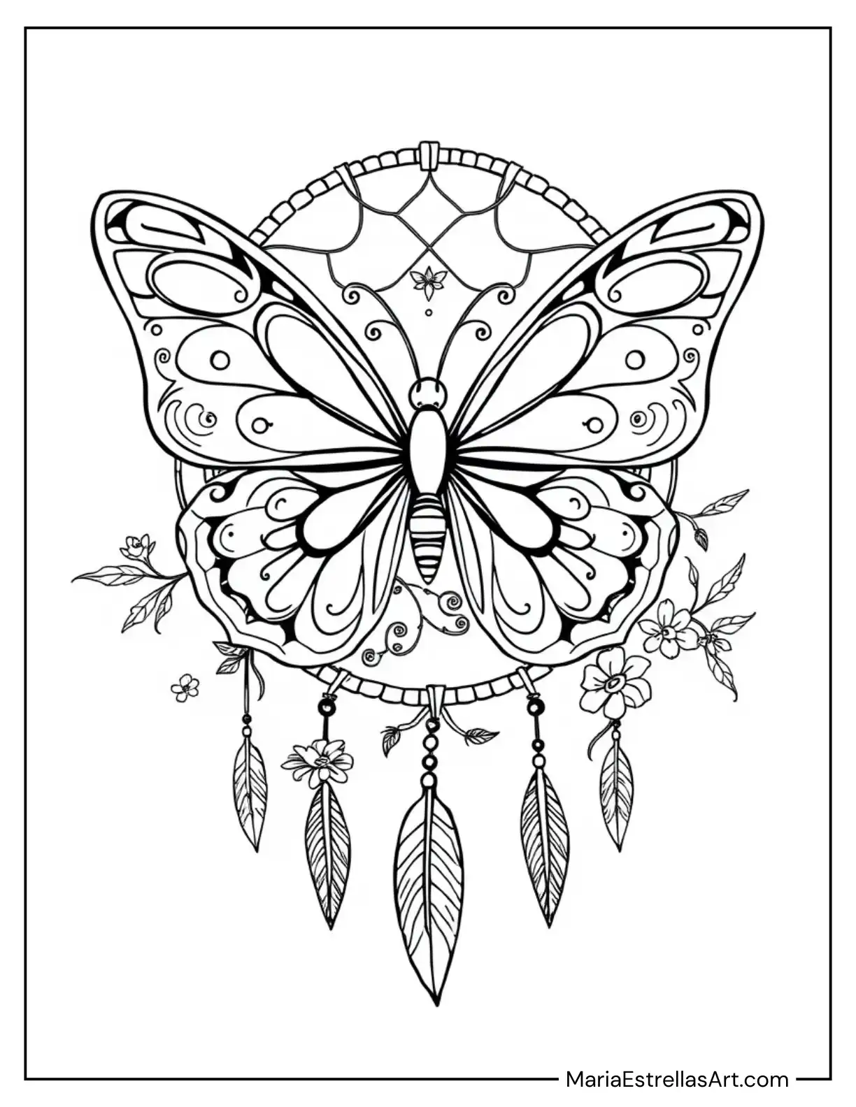 Butterfly Dreamcatcher with Floral Patterns Coloring Sheet