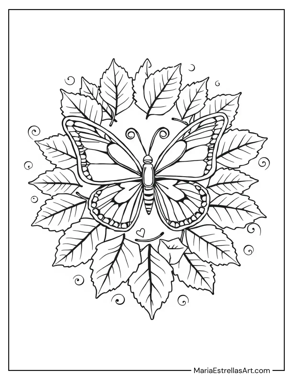 Butterfly Encircled by a Ring of Autumn Leaves Coloring Sheet