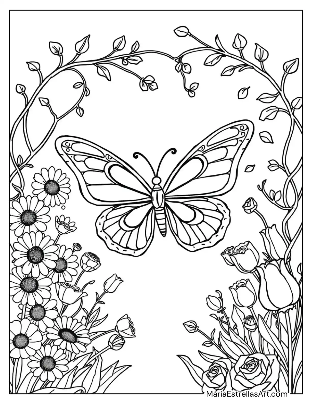 Butterfly Flying Through a Tunnel of Flowers Coloring Sheet