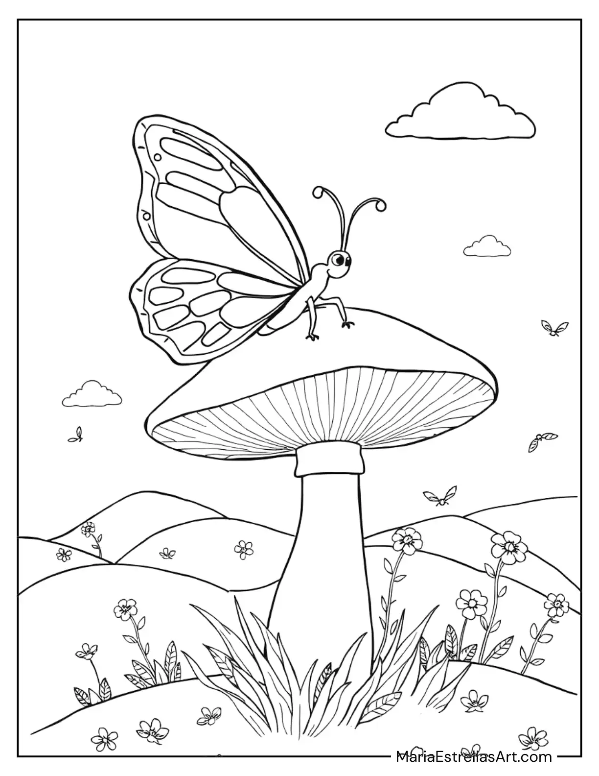 Butterfly Perched on a Magical Mushroom Coloring Page