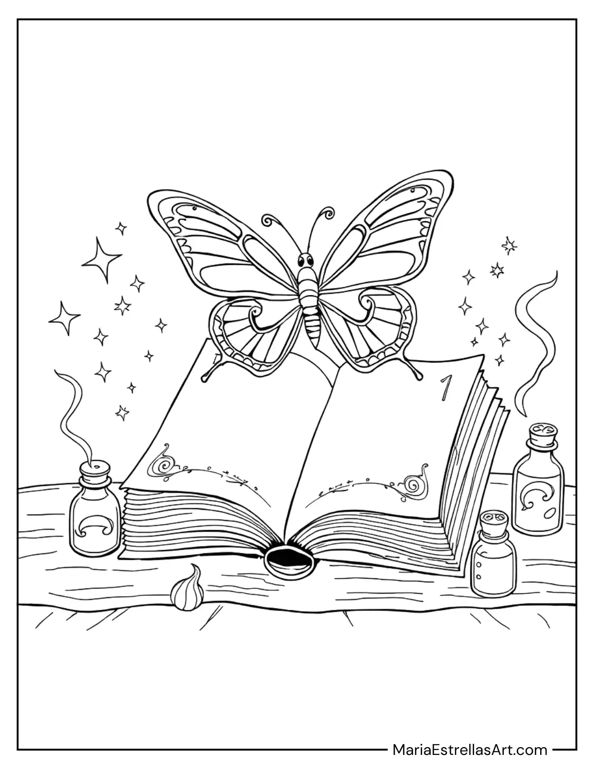 Butterfly Perched on an Open Book of Spells to Color for Kids