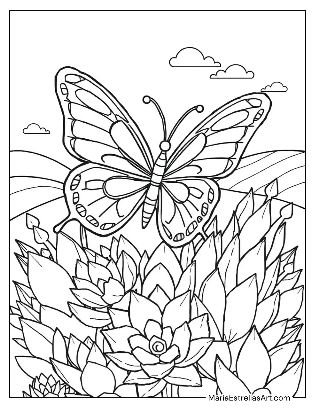 Butterfly Resting Among Succulent Plants Coloring Page