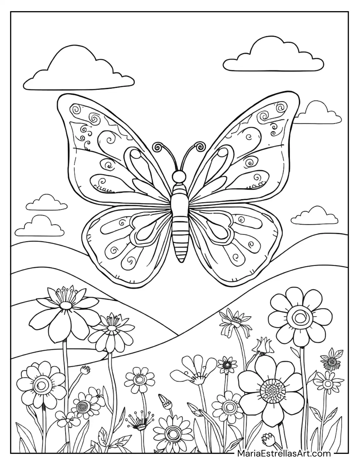 Butterfly Wings Adorned with Tiny Fairy Figures Coloring Page