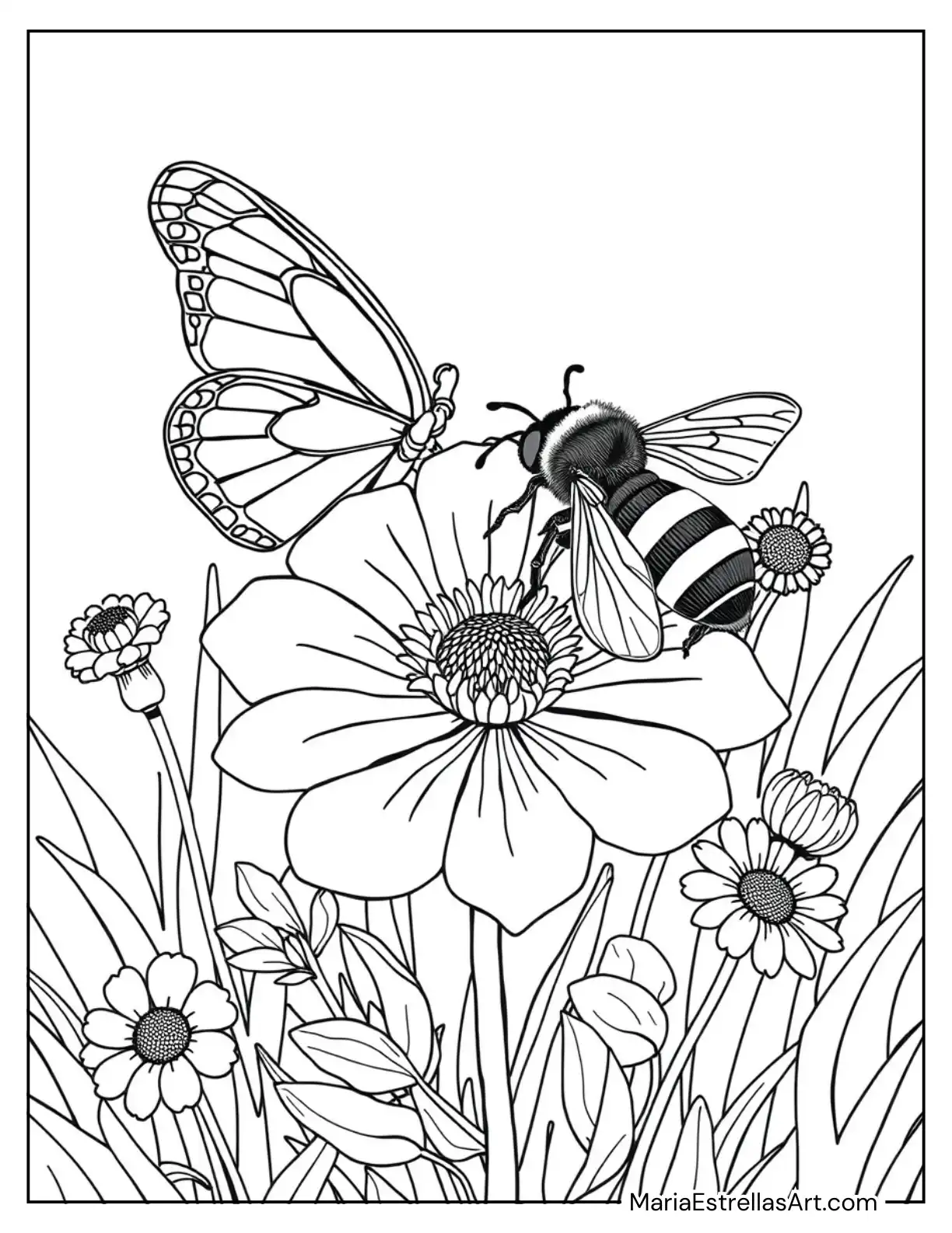 Butterfly and Bee Sharing a Flower Coloring Sheet