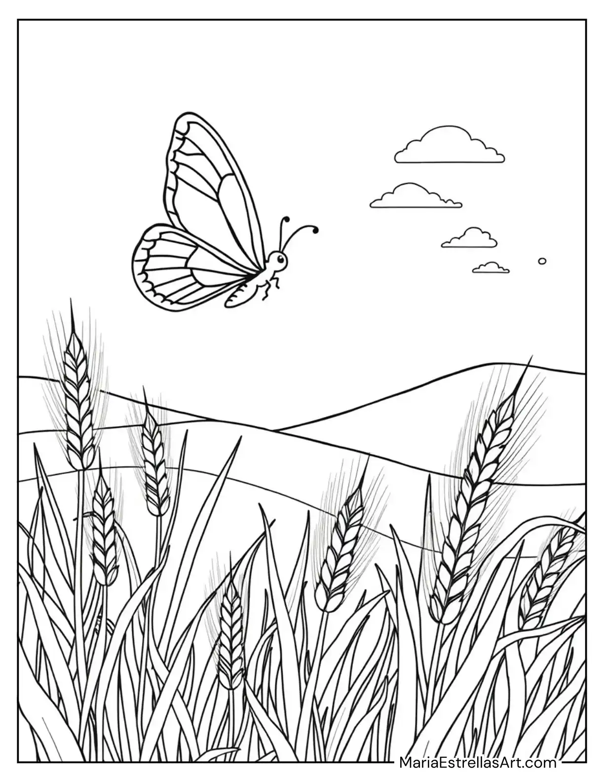 Butterfly in a Field of Golden Wheat Coloring Sheet