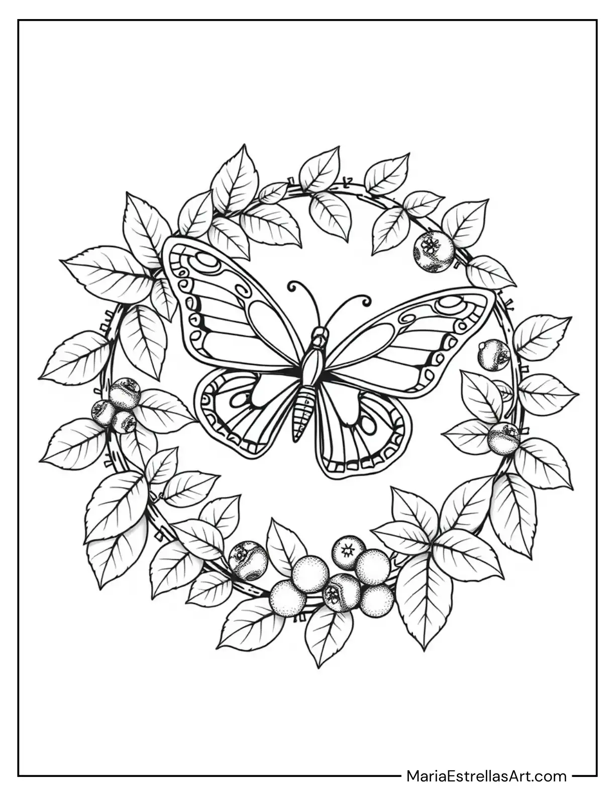 Butterfly in a Frame of Leaves and Berries Coloring Sheet