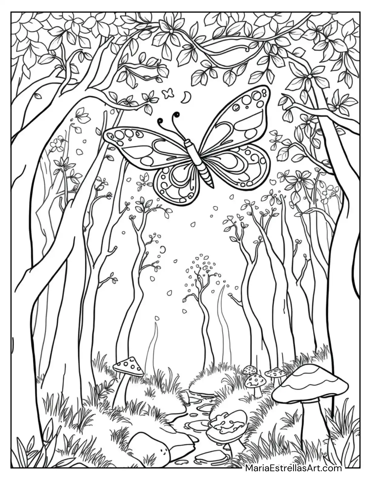 Butterfly in a Magical Forest Canopy to Color for Kids