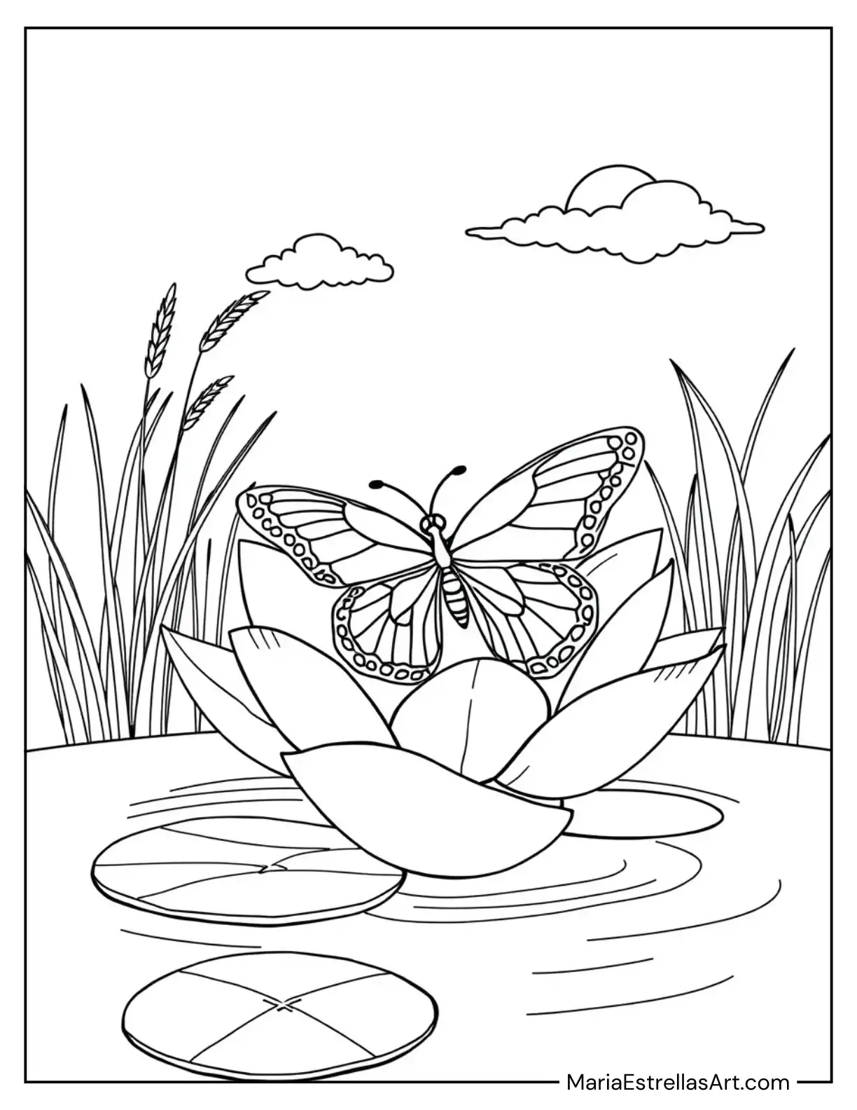 Butterfly on a Lotus Flower in a Tranquil Pond Coloring Sheet