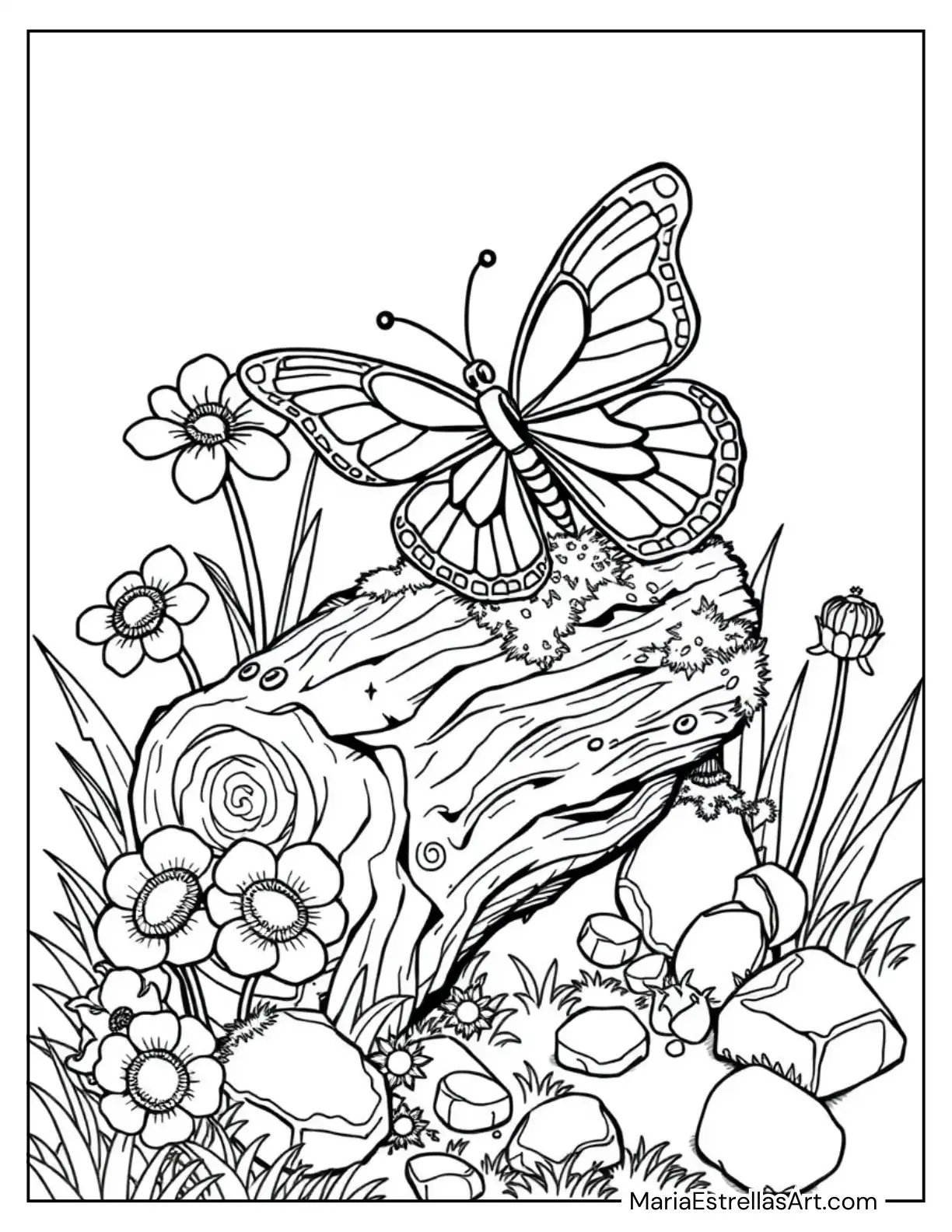 Butterfly on a Mossy Log with Dewy Flowers Coloring Sheet