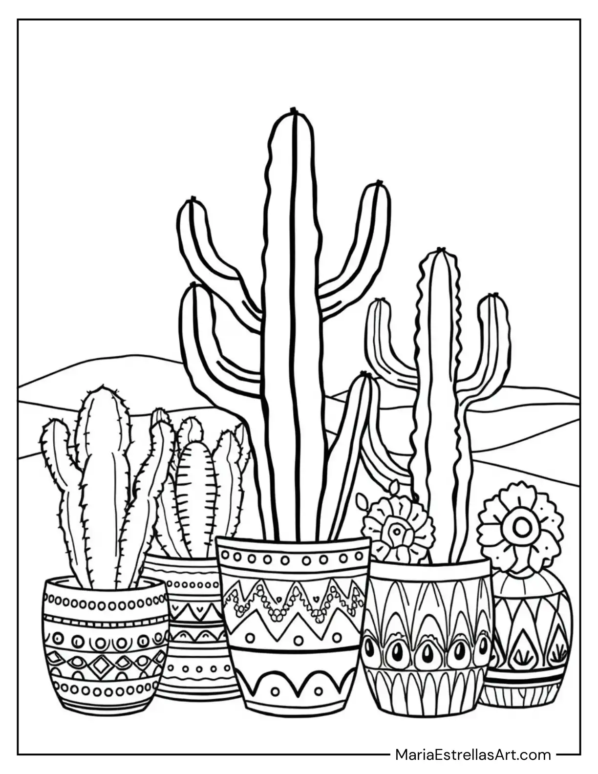 Cactus Plants in Decorative Boho Pots Coloring Sheet