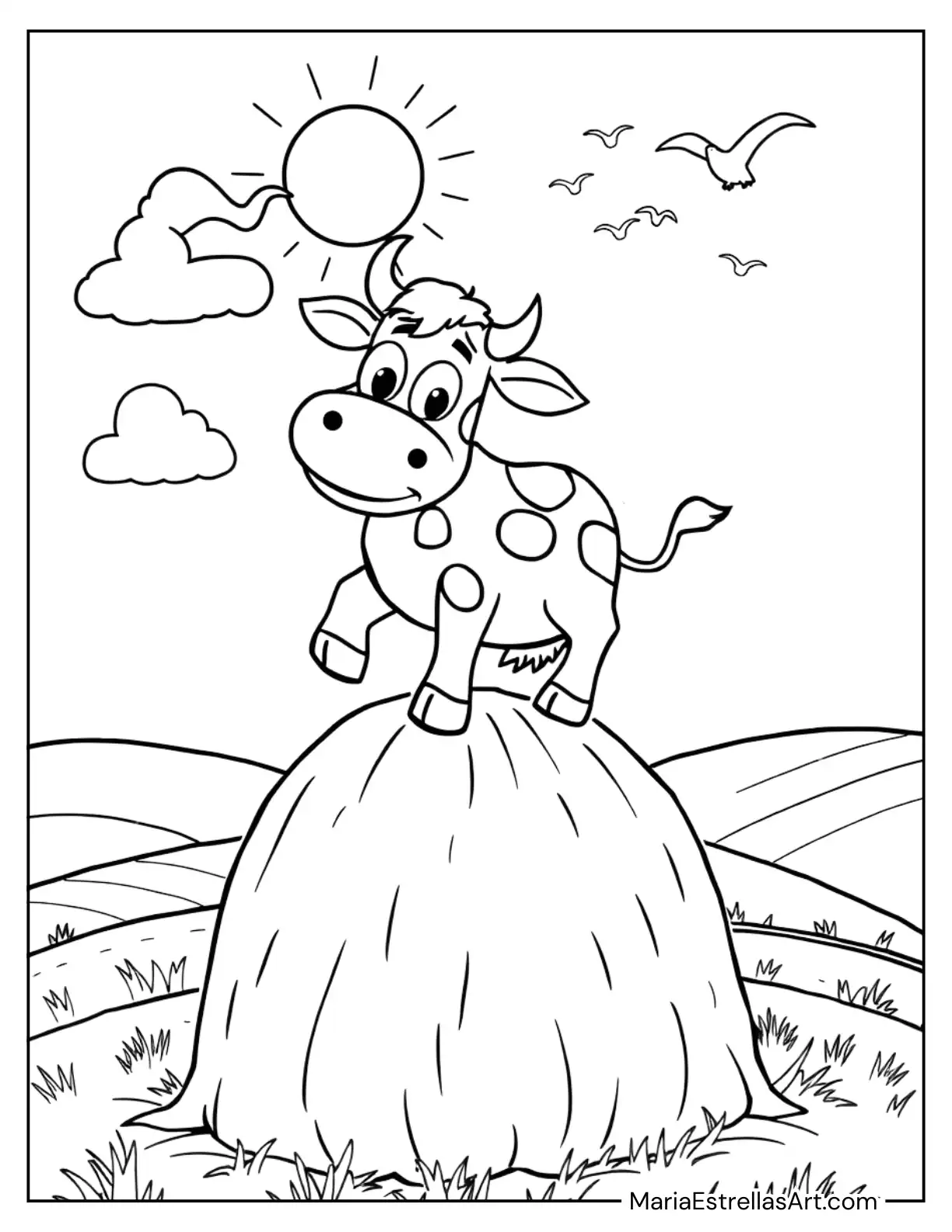 Cartoon Cow Balancing on a Haystack to Color for Kids