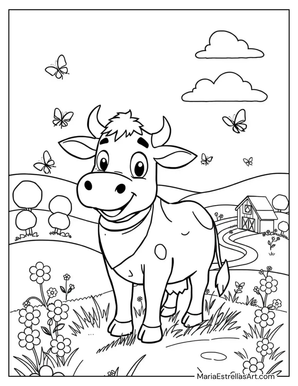 Cartoon Cow with a Bandana Around Its Neck Coloring Page