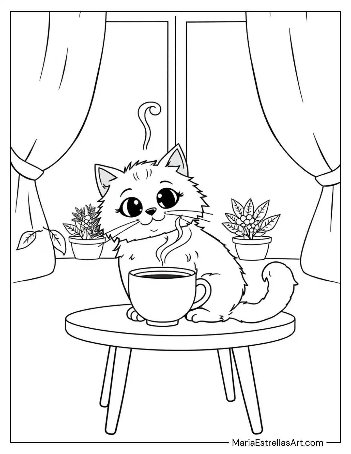 Cat Sitting Next to a Steaming Cup of Coffee Coloring Page