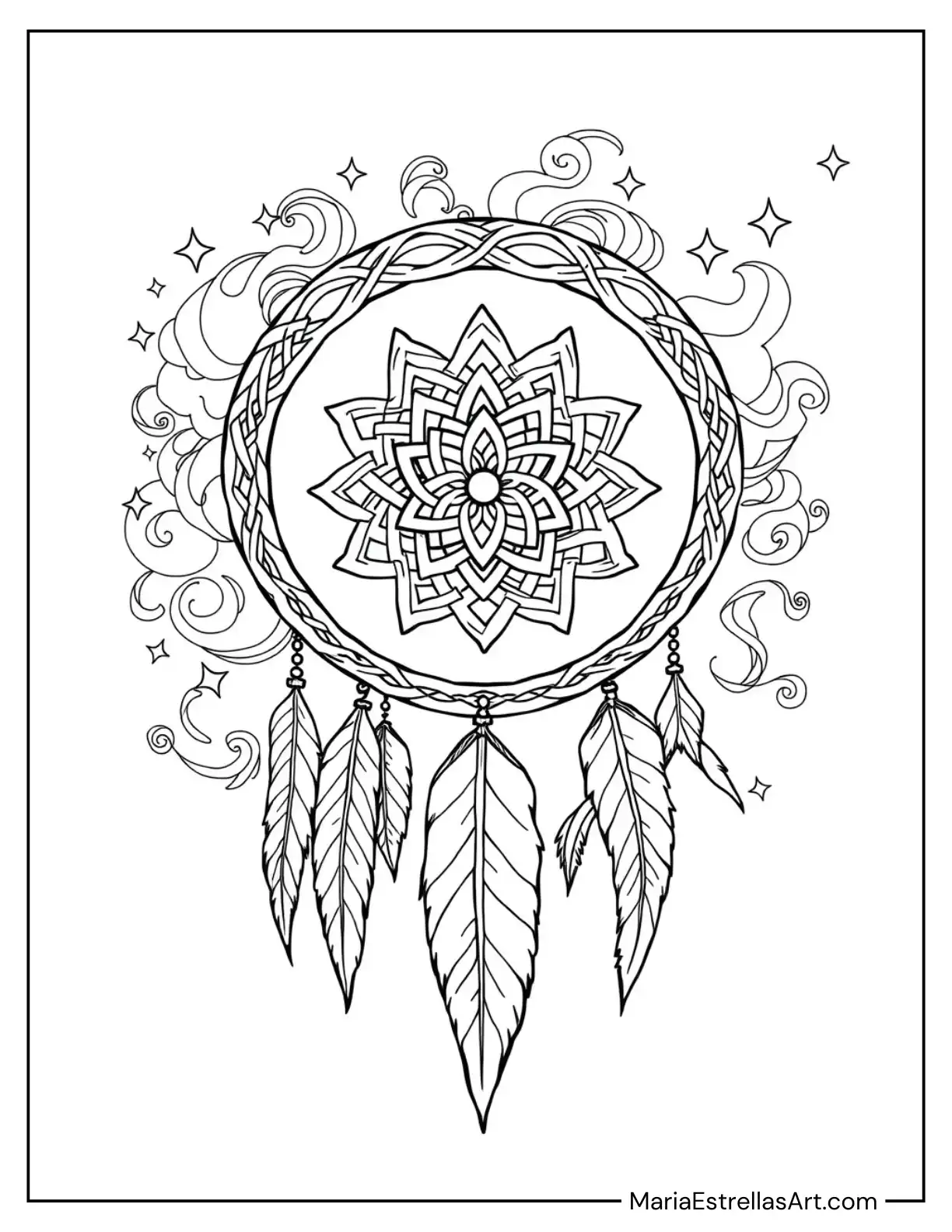 Celtic Knot Dreamcatcher with Interwoven Designs Coloring Sheet