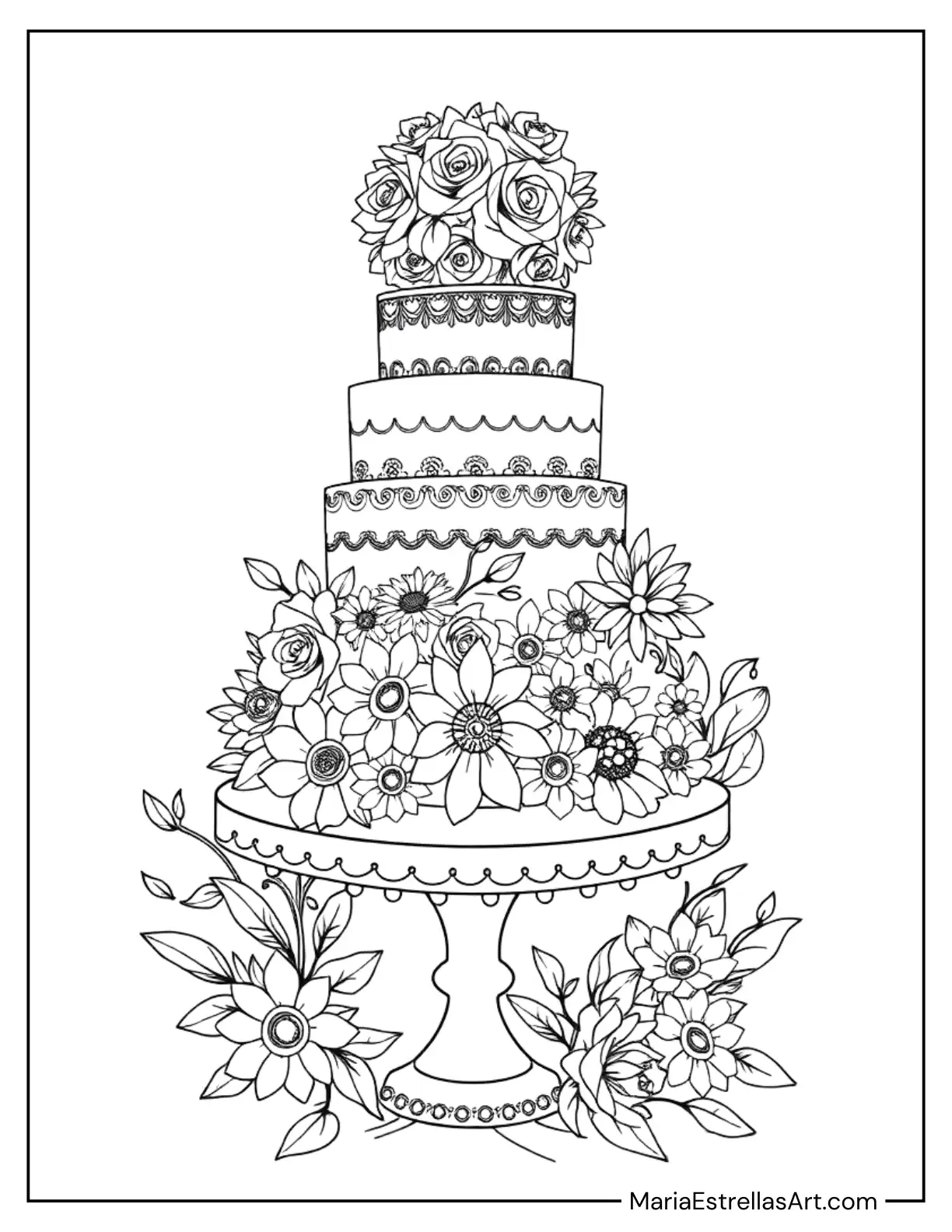 Charming Cake Decorated with Blooming Florals Coloring Page