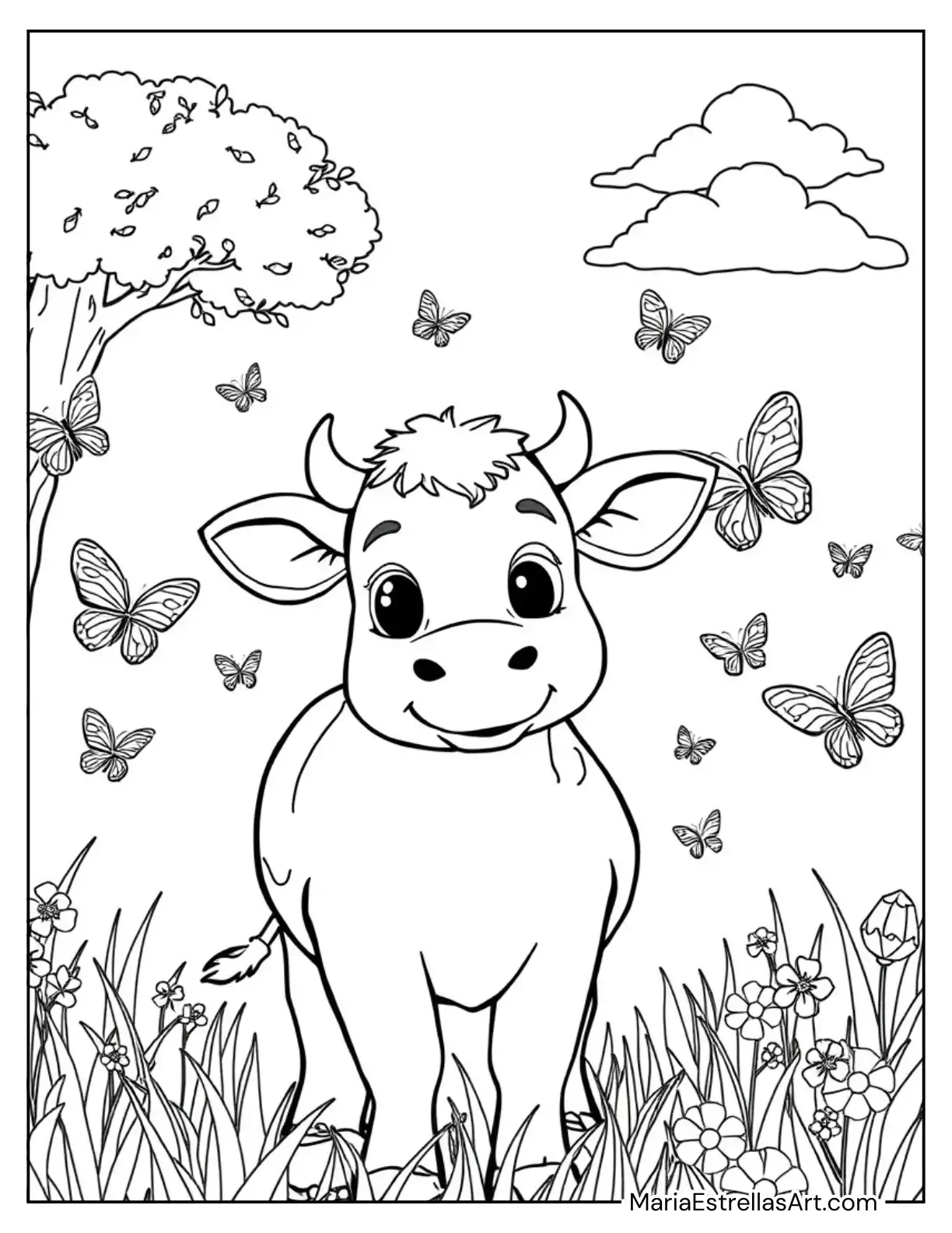 Charming Cow Surrounded by Butterflies Coloring Page