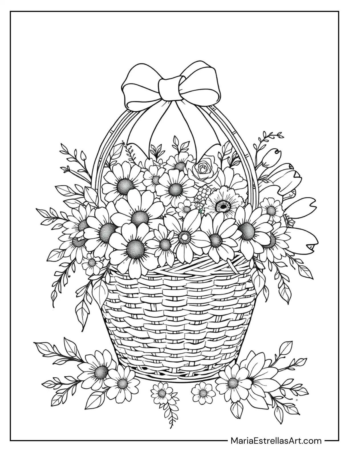 Charming Floral Basket with Bow and Lace Coloring Page