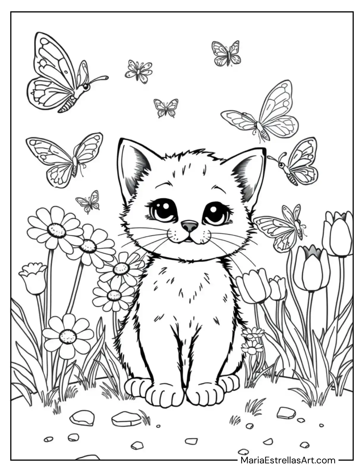 Charming Kitten Playing with Butterflies in a Garden Coloring Page